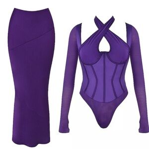 HOUSE OF CB SET  'Angharad' Grape Halterneck Corset Bodysuit Colette XS NWOT XS‎